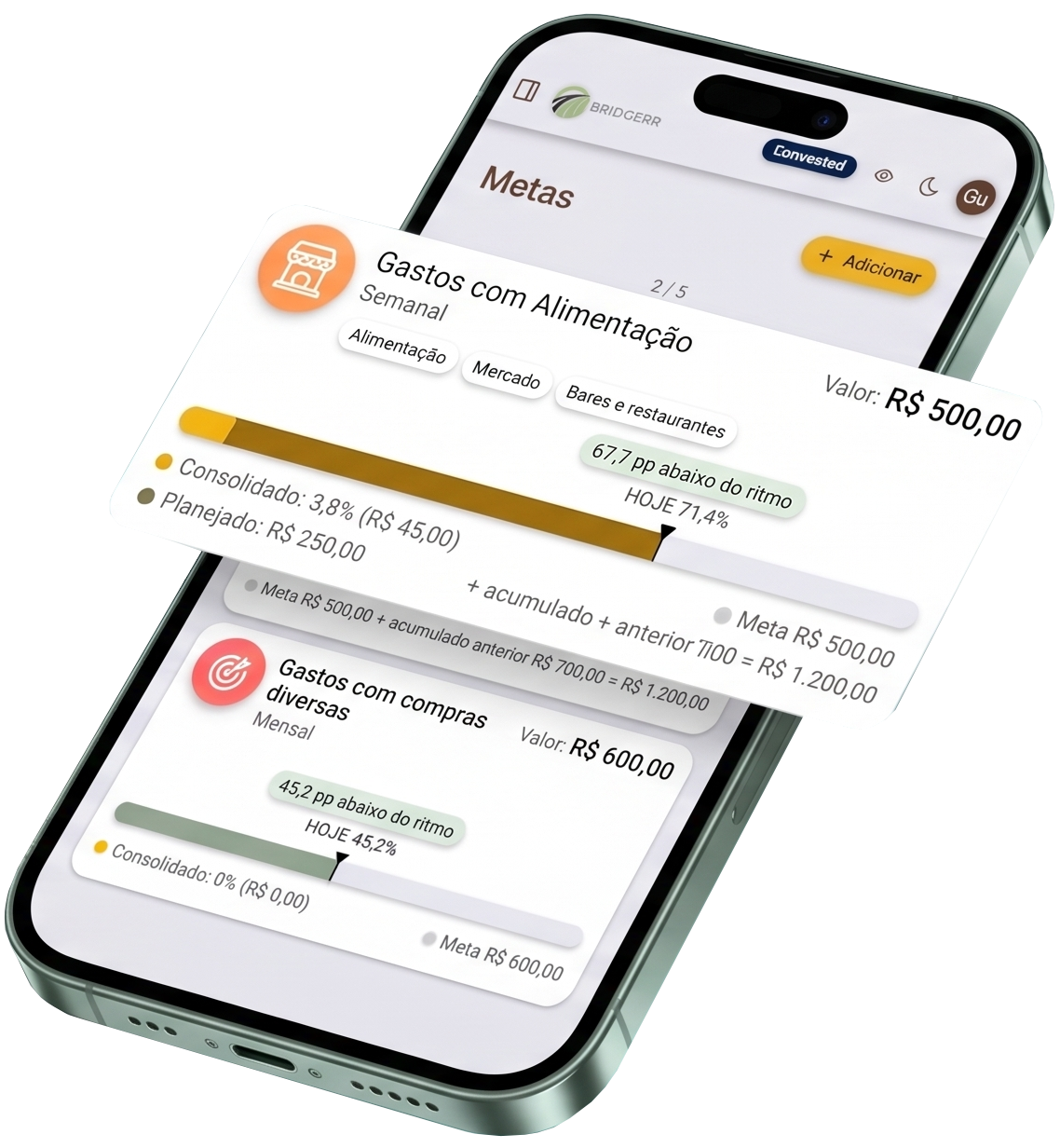 Metas do Bridgerr no celular com ritmo da meta e cards flutuantes